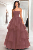 Princess Black Strapless Tulle Tiered Ruched Long Prom Dress