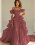 Yellow Off The Shoulder Mermaid Ruffles Satin Prom Dress