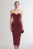 Burgundy Strapless Velvet Bodycon Midi Formal Dress