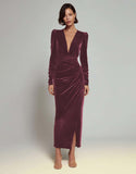 Velvet Sheath Olive V-Neck Ruched Choir Dress with slit