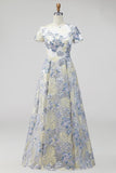 Dusty Blue Jacquard Round Neck Floral Long Mother Of the Bride Dress with Short Sleeves