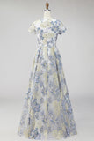 Dusty Blue Jacquard Round Neck Floral Long Mother Of the Bride Dress with Short Sleeves