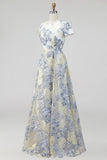 Dusty Blue Jacquard Round Neck Floral Long Mother Of the Bride Dress with Short Sleeves