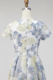 Dusty Blue Jacquard Round Neck Floral Long Mother Of the Bride Dress with Short Sleeves