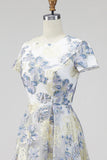 Dusty Blue Jacquard Round Neck Floral Long Mother Of the Bride Dress with Short Sleeves