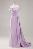 One Shoulder Pleated Champagne Sheath Satin Long Formal Dress