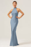 Champagne Sheath Halter Long Bridesmaid Dress With Slit