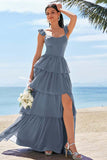 Ink Blue A-Line Corset Tiered Long Bridesmaid Dress with Ruffle Slit