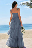 Ink Blue A-Line Corset Tiered Long Bridesmaid Dress with Ruffle Slit