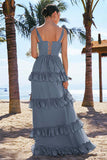 Sky Blue A-Line Bow Tie Straps Corset Chiffon Long Bridesmaid Dress with Slit