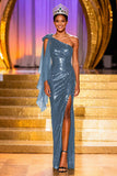 Sparkly Dark Green Sequin Mermaid One Shoulder Long Pageant Dress with Slit