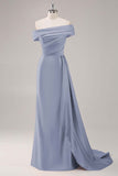 One Shoulder Pleated Champagne Sheath Satin Long Formal Dress