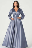 Grey Blue Satin V-Neck Mother of Bride Dress with Long Sleeves