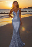 Sparkly Silver Backless Mermaid Long Formal Dress