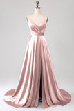 Dusty Rose A Line Spaghetti Straps Satin Prom Dress with Slit