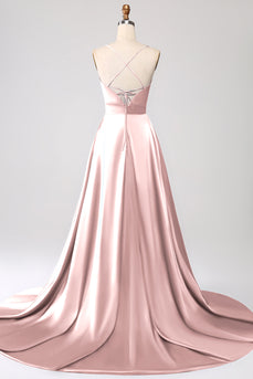 Dusty Rose A Line Spaghetti Straps Satin Prom Dress with Slit
