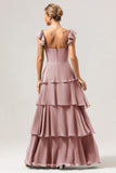 Eucalyptus A-Line Off The Shoulder Ruffled Chiffon Long Bridesmaid Dress