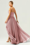 A-Line Spaghetti Straps Pleated Chiffon Eucalyptus Bridesmaid Dress with Slit