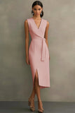 White Satin V-Neck Formal Dress with Belt