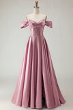 Off The Shoulder Purple A Line Beaded Long Satin Prom Dress with Slit