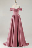Blue A-Line Off The Shoulder Satin Long Bridesmaid Dress with Slit
