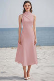 Simple Ivory High Neck Satin Midi Engagement Dress