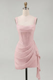 Tulle Ivory Corset Square Neck Ruched Bodycon Mini Graduation Dress with Ruffles
