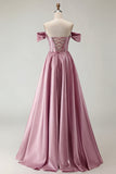 Off The Shoulder Beaded A Line Purple Corset Long Prom Dress with Slit