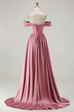 Blue A-Line Off The Shoulder Satin Long Bridesmaid Dress with Slit