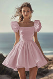 A Line White Puff Sleeves Ruched Short Graduation Dress