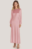 Ivory Satin Scoop Neck A-Line Ankle Length Formal Dress with Long Sleeves