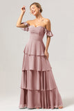 Eucalyptus A-Line Off The Shoulder Ruffled Chiffon Long Bridesmaid Dress