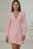Ivory V-Neck Pleated Work Dress with Long Sleeves