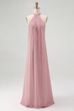 White Sheath Halter Chiffon Long Graduation Dress