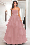 Princess Black Strapless Tulle Tiered Ruched Long Prom Dress