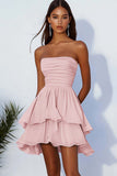 Sky Blue A Line Strapless Chiffon Mini Graduation Dress with Ruffles