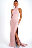 Sky Blue Halter Satin Mermaid Formal Dress with Slit