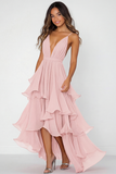 Ruffled Tiered Red Chiffon Spaghetti Straps Formal Dress