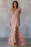 Yellow V-Neck Mermaid Ruffles Formal Dress with Slit