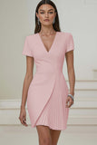 Ivory V-Neck Pleated Work Dress with Short Sleeves
