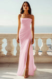Ruched Strapless Chiffon Ivory Beach Engagement Dress with Slit