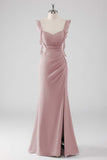 Dusty Blue Ruffled Sheath Lace-Up Back Long Bridesmaid Dress with Slit