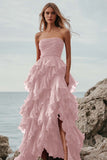 Fuchsia Ruffle A Line Strapless Long Formal Dress with Slit