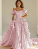 Yellow Off The Shoulder Mermaid Ruffles Satin Prom Dress