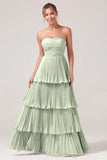 Dusty Sage Sweetheart Pleated Tiered Long Bridesmaid Dress