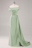 One Shoulder Pleated Champagne Sheath Satin Long Formal Dress