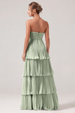 Dusty Sage Sweetheart Pleated Tiered Long Bridesmaid Dress