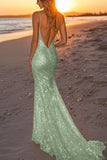 Sparkly Silver Backless Mermaid Long Formal Dress