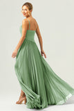 A-Line Spaghetti Straps Pleated Chiffon Eucalyptus Bridesmaid Dress with Slit