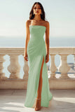 Ruched Strapless Chiffon Ivory Beach Engagement Dress with Slit